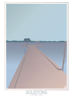 Carte postale illustrée intitulée “Soustons, Le Ponton d'Azur” par Julie Roubergue, représentant le fameux ponton sur le lac des Landes dans des tons doux.