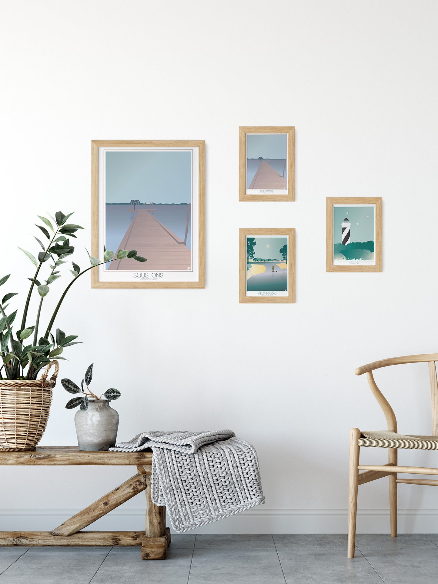 Cartes postales illustrées sur le thème des Landes par Julie Roubergue dans des tons doux.