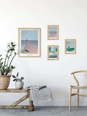 Cartes postales illustrées sur le thème des Landes par Julie Roubergue dans des tons doux.