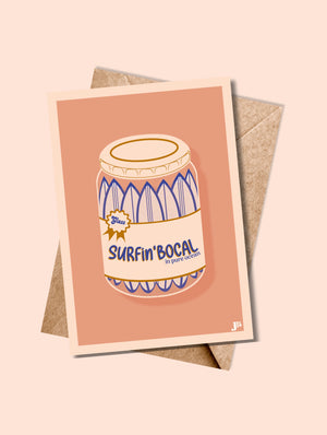 Carte postale SURFin’BOCAL – version ocre – avec enveloppe assortie, ambiance soleil couchant
