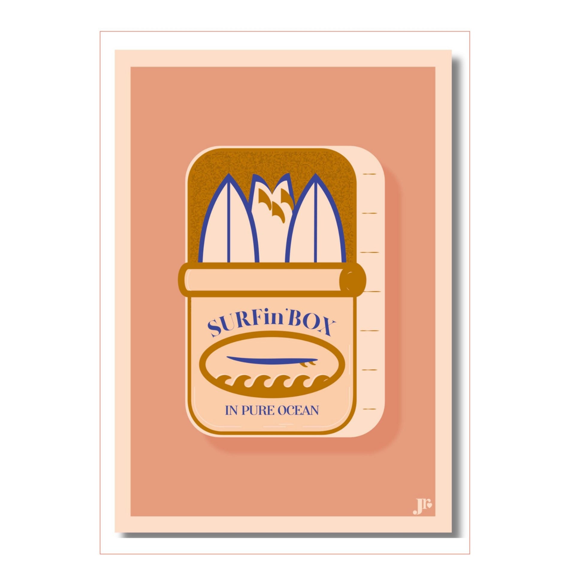 Carte postale Surfin'Box de couleur ocre  illustration surf et colorée format 10,5x15 cm