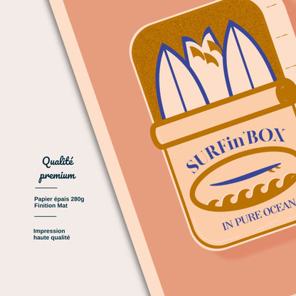 Détail carte postale Surfin'Box ocre impression papier épais illustration Julieroubergue