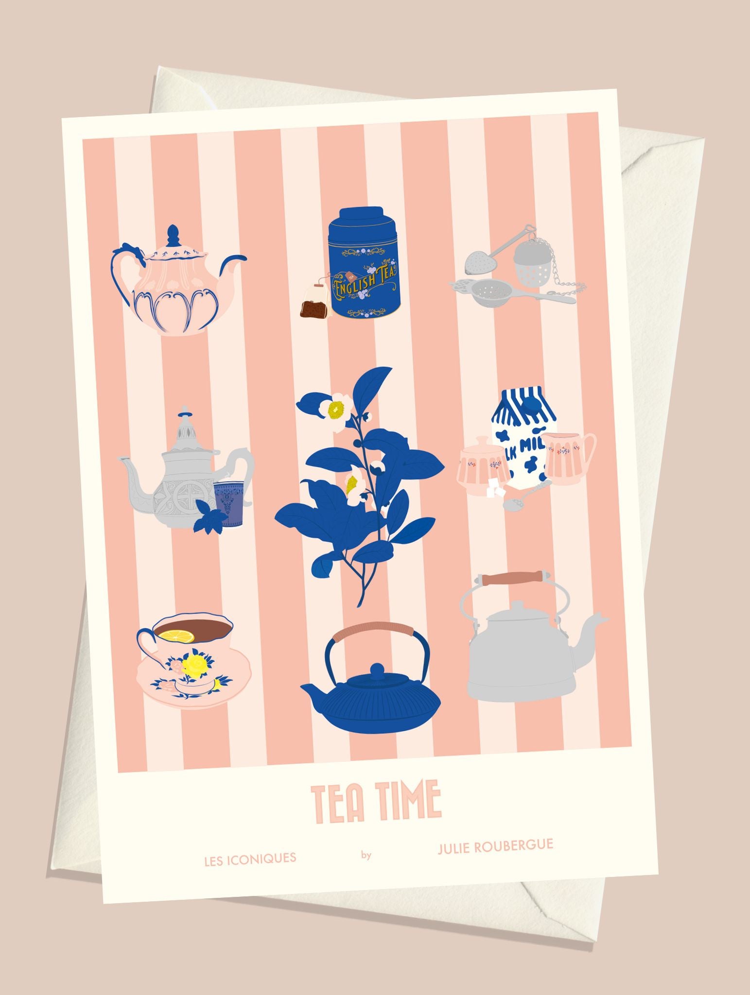 Carte postale Tea Time rose avec enveloppe assortie, ambiance douce et rétro.