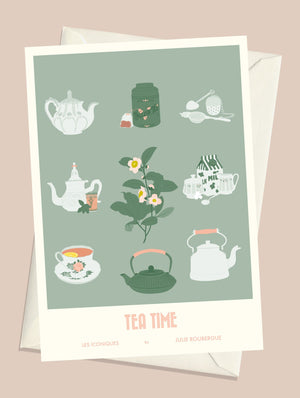 Carte postale Tea Time verte avec enveloppe assortie, ambiance feutrée et élégante.
