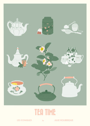 Carte postale Tea Time – version verte, composition vintage autour du thé sur fond vert doux.