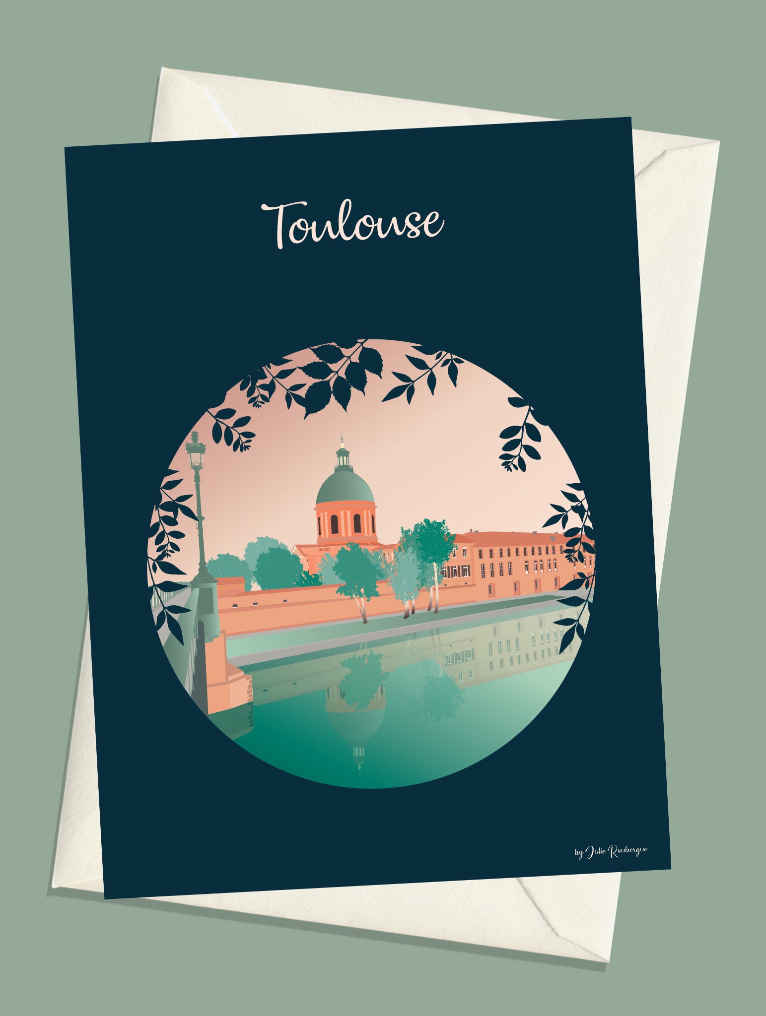 Carte postale Toulouse - La Chapelle de la Grave, illustration des bords de la Garonne avec enveloppe assortie.  