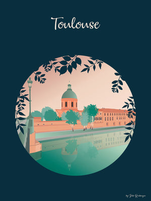 Carte postale Toulouse - La Chapelle de la Grave, illustration graphique et poétique des bords de Garonne dans des tons pastel, sur fond bleu foncé.  