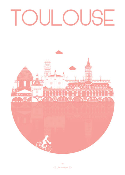 Carte postale Toulouse – La Ville, version rose poudré : illustration poétique et urbaine des monuments toulousains.