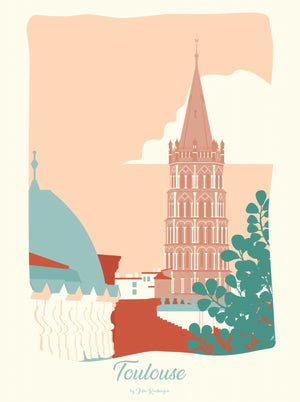 Carte postale Toulouse, Saint Sernin – illustration pastel du clocher de l'église toulousaine avec les toits de la ville.