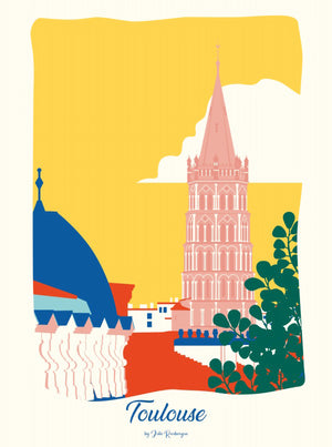 Carte postale Toulouse, Saint Sernin – illustration colorée du clocher de l'église toulousaine avec les toits de la ville.