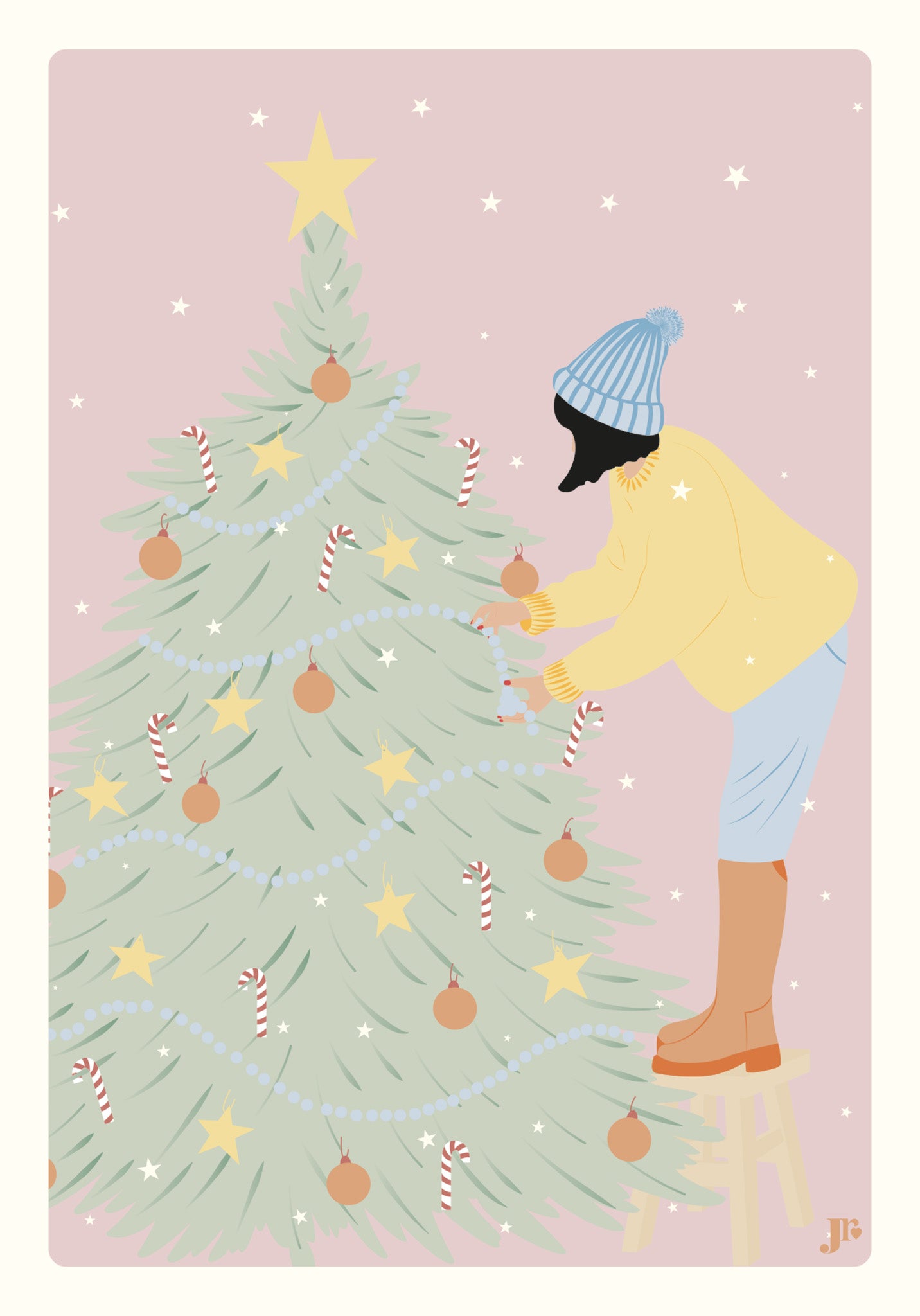 Illustration seule de la carte postale Un Noël à la hauteur de rêve, sapin pastel et décorations de Noël dans une ambiance rose et tendre.