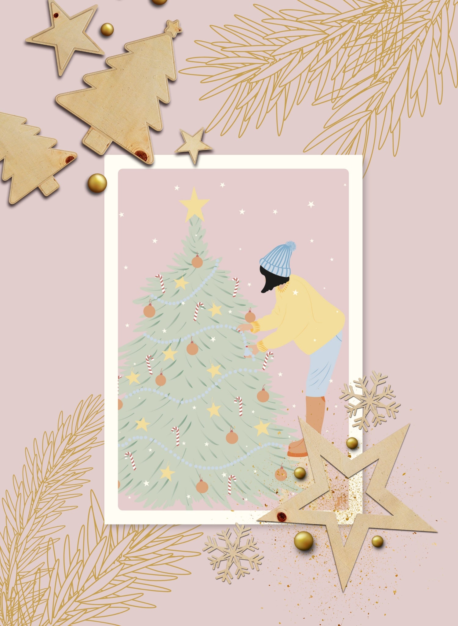 Illustration de la carte postale Un Noël à la hauteur de rêve, sapin pastel et décorations de Noël dans un décor de Noël.