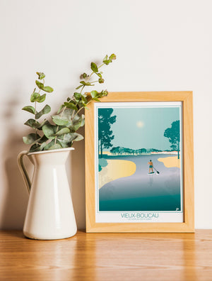 Carte postale illustrée intitulée “Vieux Boucau, Lac Marin” par Julie Roubergue, représentant le fameux lac marin de Port d'Albret dans les Landes dans des tons doux.