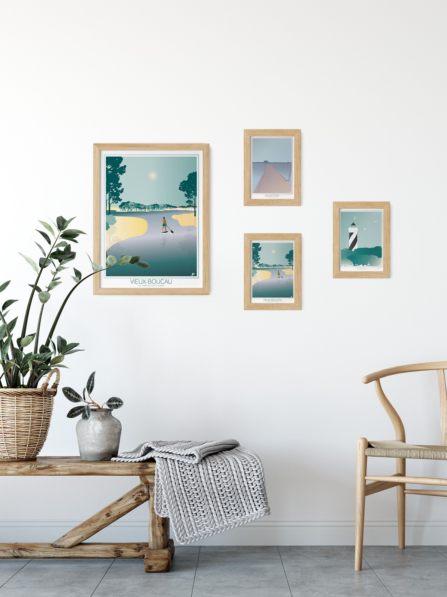 Cartes postales illustrées sur le thème des Landes par Julie Roubergue dans des tons doux.