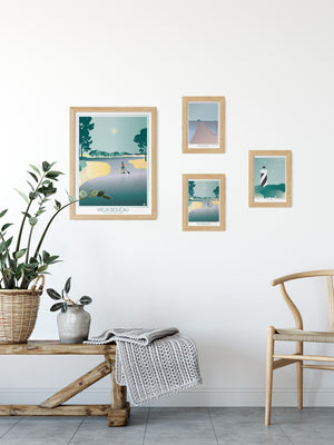 Cartes postales illustrées sur le thème des Landes par Julie Roubergue dans des tons doux.