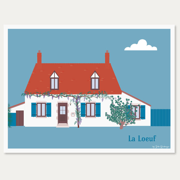 Illustration colorée d’une maison bretonne entourée de végétation, réalisée dans un style vivant et chaleureux.