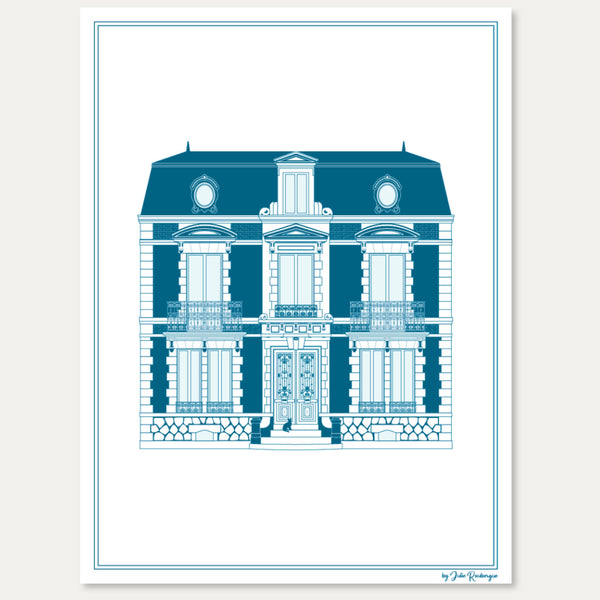 Illustration monochrome d’une maison de ville française, réalisée dans un style architectural minimaliste et élégant.