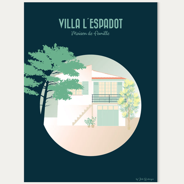 Portrait de maison coloré représentant une villa de vacances sur l’Île d’Oléron, illustrée dans une ambiance douce et estivale.