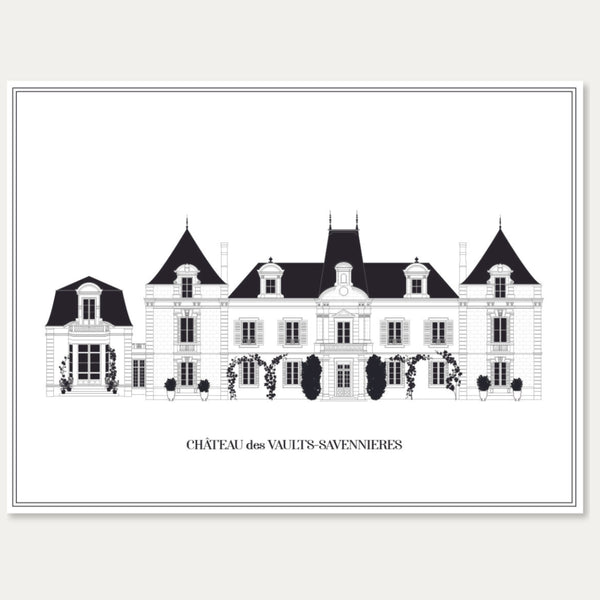 Portrait architectural monochrome du Château des Vaults en Pays de la Loire, dessiné avec un style raffiné et détaillé.
