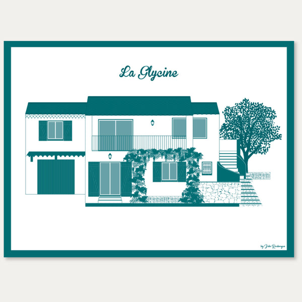 Illustration monochrome d’une maison provençale nommée La Glycine, réalisée sur mesure dans un style architectural élégant et minimaliste.