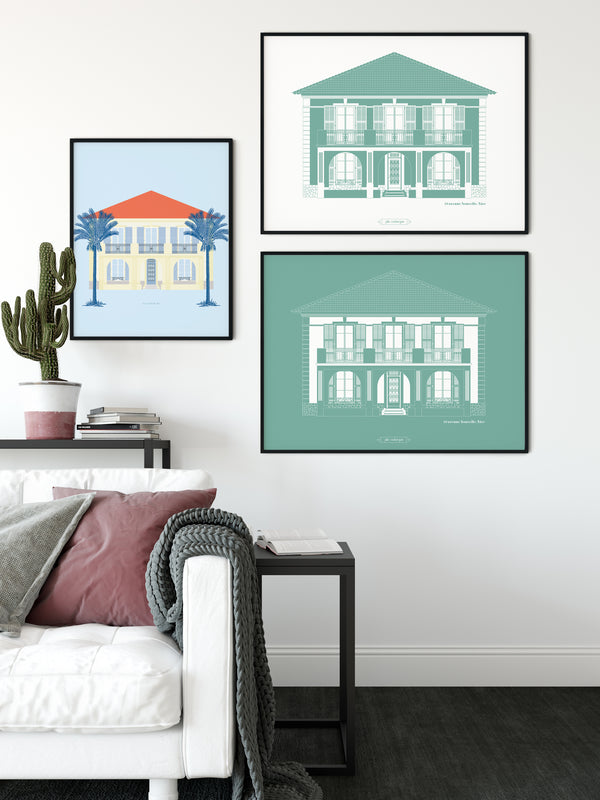 Illustration monochrome d’une maison provençale nommée La Glycine, réalisée sur mesure dans un style architectural élégant et minimaliste.