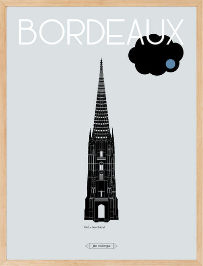 Affiche Bordeaux Flèche Saint-Michel encadrée, illustration verticale et élégante de Julie Roubergue