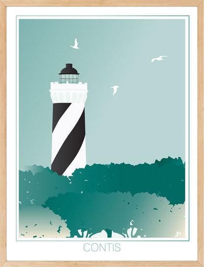 Affiche Contis – Le Phare, encadrée, posée contre un mur blanc dans une déco bord de mer.