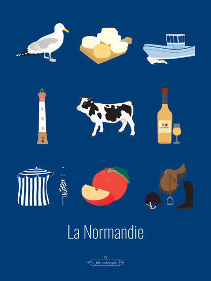 Affiche La Normandie – Les Iconiques, format 30x40 cm, fond bleu avec illustrations graphiques typiques.