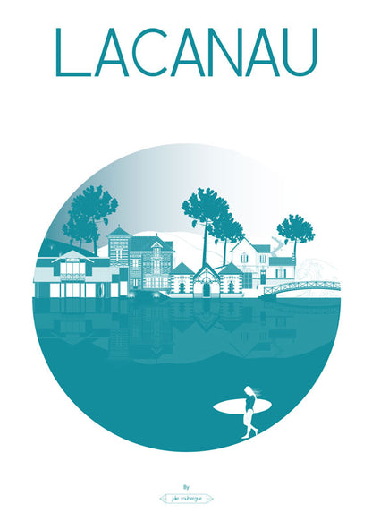 Affiche Lacanau La Ville en version bleu canard – illustration graphique de Julie Roubergue représentant les villas, pins et surfeur du bord de lac.