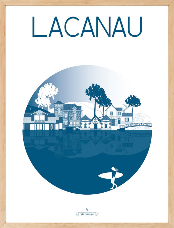 Affiche Lacanau La Ville encadrée – version cobalt, illustration chic et graphique idéale pour une déco côtière moderne.