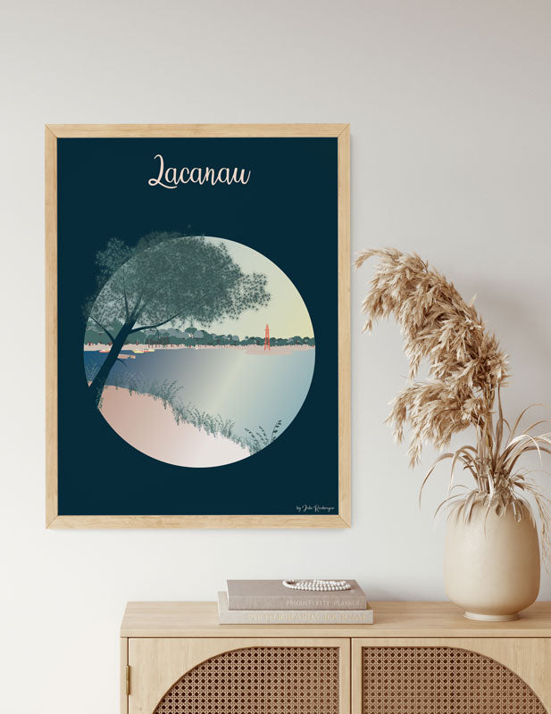 Mise en ambiance de l’affiche déco Lacanau – Le Lac dans un intérieur aux teintes naturelles et lumineuses.