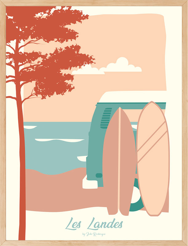 Illustration Les Landes – Les Surfs pastel encadrée, posée dans un intérieur lumineux.
