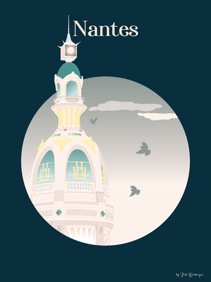 Illustration graphique de la Tour Lu à Nantes, affiche d’art 30x40 cm signée Julie Roubergue sur fond bleu nuit.