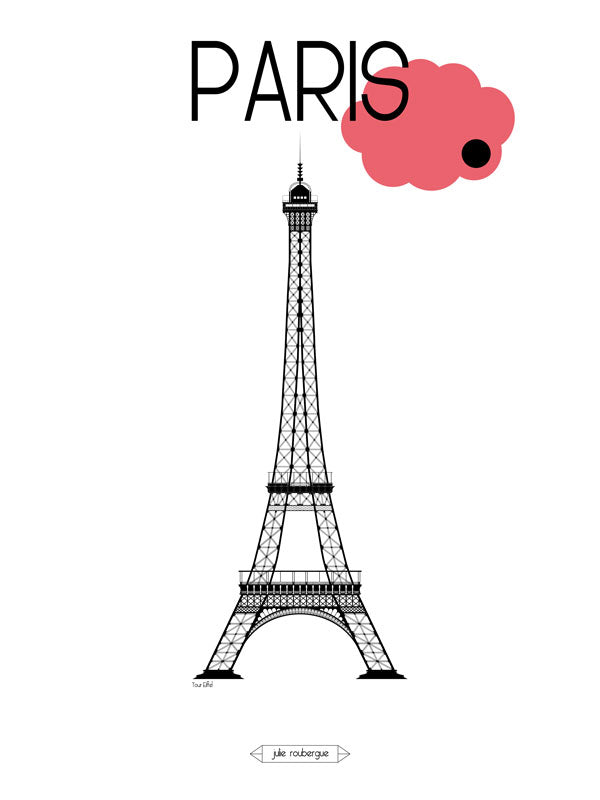 Affiche illustrée de la Tour Eiffel en noir et blanc – design graphique épuré signé Julie Roubergue.