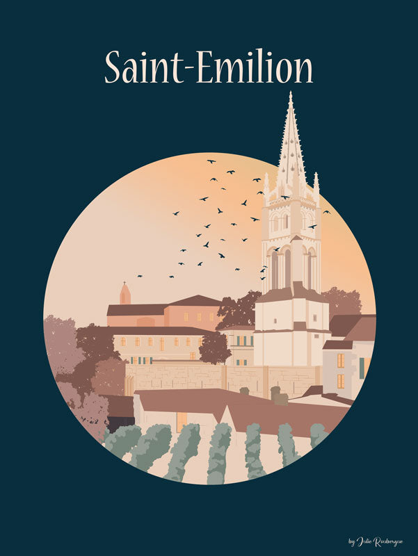 Affiche Saint-Émilion – Le Village seule, vue de face sur fond bleu avec clocher, toits et vignes dans des teintes rosées.