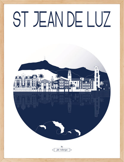 Affiche encadrée Saint Jean de Luz – La Ville, bleu marine, dans un cadre noir 50x70 cm. Design contemporain.