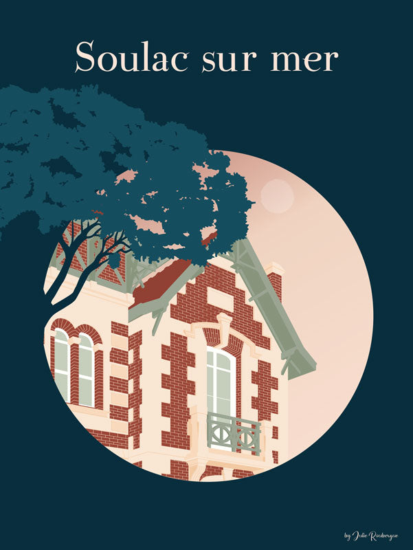 Affiche illustrée de Soulac-sur-Mer, villa typique en briques rouges, style Belle Époque sur fond bleu nuit.