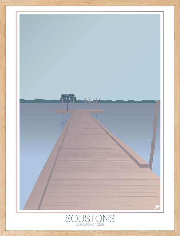 Affiche Soustons Le Ponton d’Azur encadrée, mise en scène dans un intérieur lumineux et naturel.