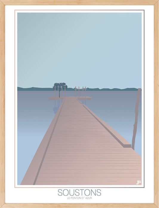 Affiche Soustons Le Ponton d’Azur encadrée, mise en scène dans un intérieur lumineux et naturel.
