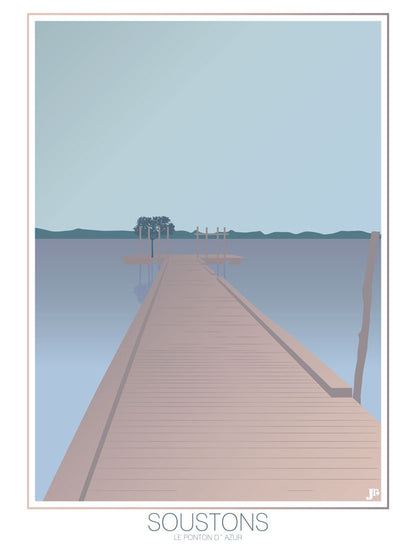 Affiche illustrée du ponton de Soustons, tons pastel bleu et bois, design épuré sur fond de lac.