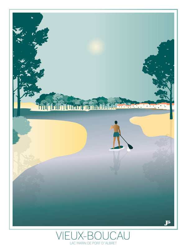 Illustration du lac marin de Vieux-Boucau avec un paddle glissant sur l’eau au milieu des pins.